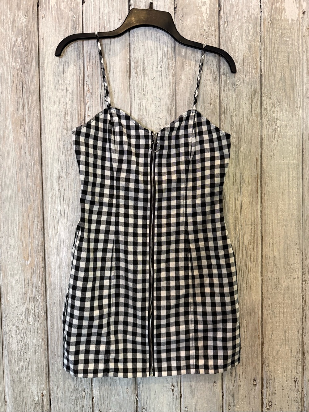 Forever 21 Black & White Gingham Zip-Front Spaghetti Strap Mini Dress